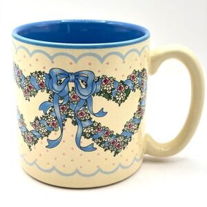 Vintage 1989 Peaches Coffee Mug Floral Heart Ribbon Blue Bow